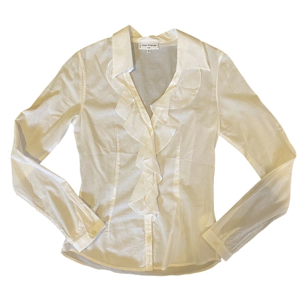 New $430 Anne Fontaine 0 Xs White Sheer Voile Blouse Shirt Top Ruffle V Neck